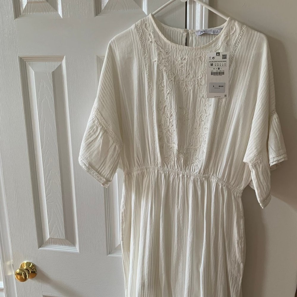 Zara Ecru Embroidered Tunic Dress 7521/058 -Medium